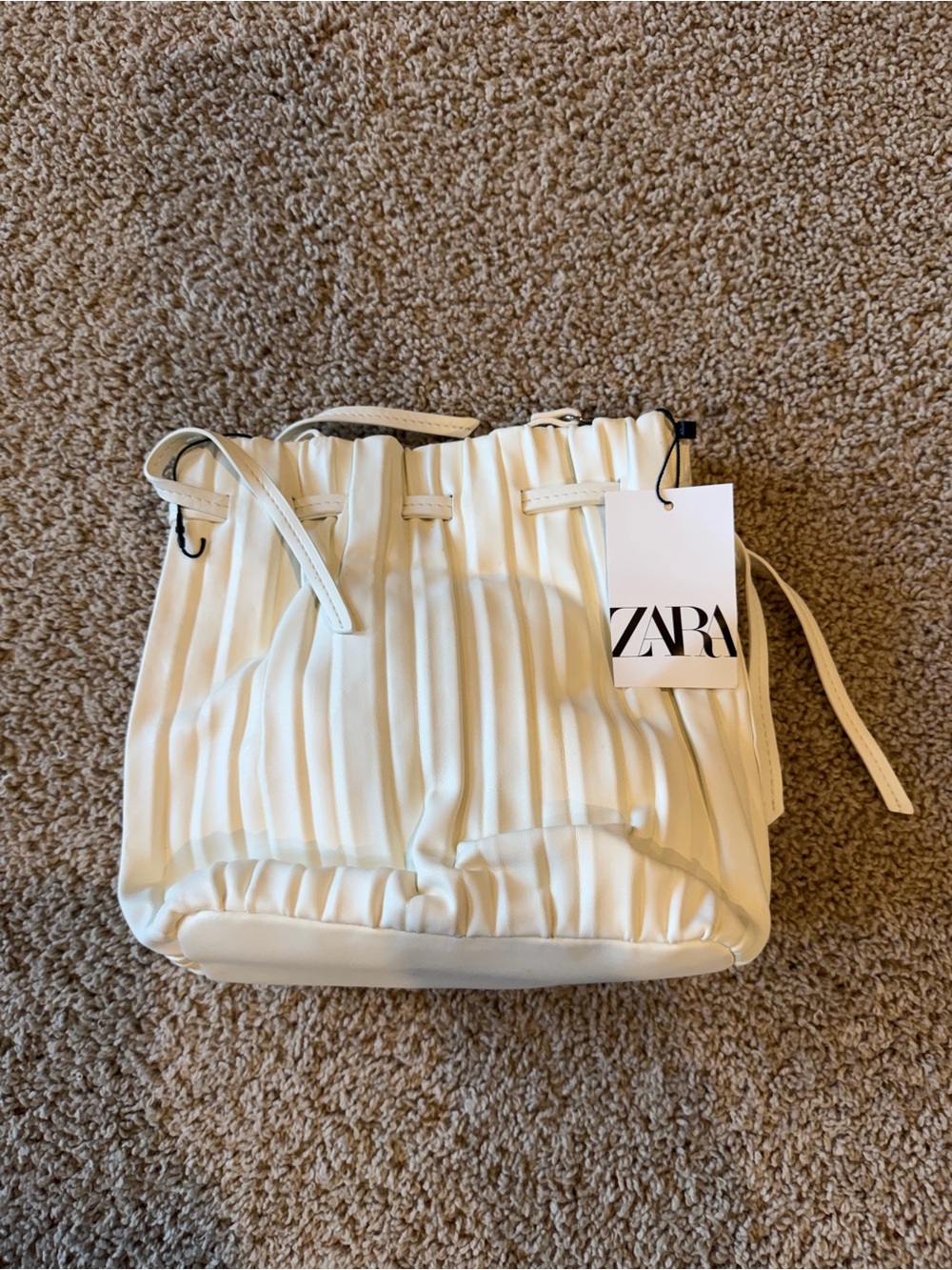 Zara Cream Pleated Drawstring Shoulder Bag